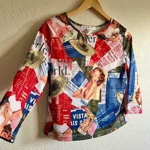 Vintage 90s Cowgirl Pinup Print 3/4 Sleeve Top